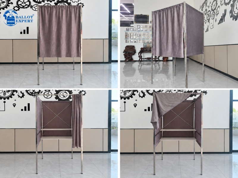 Metal voting booth exterior with grey privacy curtains