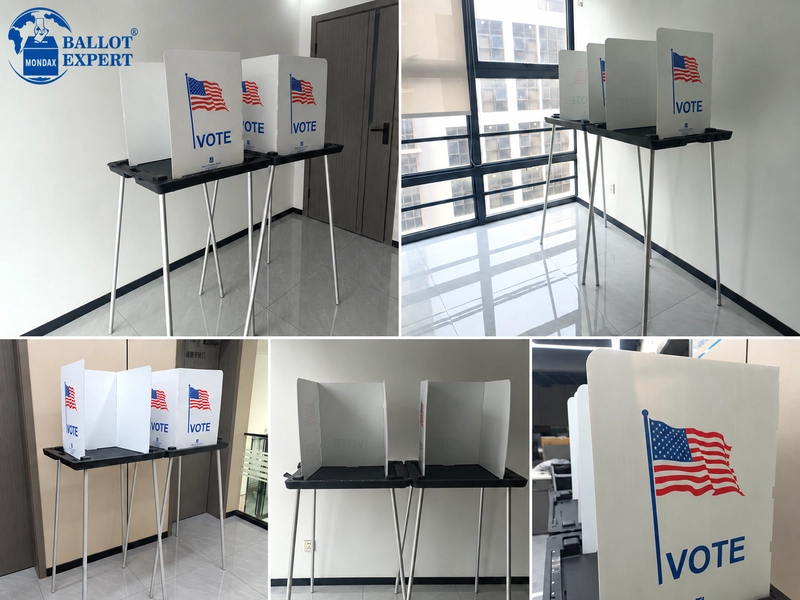 Display of custom dual voting booth for the U.S. with removable privacy panels