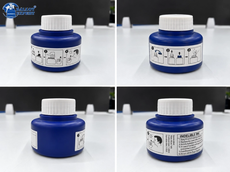 80ml indelible election ink bottle with blue plastic body white cap and instruction labels