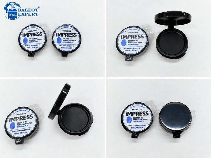 Black ceramic fingerprint ink pad with IMPRESS branding and flip-top lid.