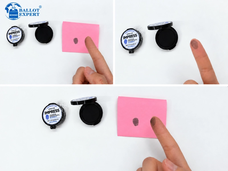 Ceramic fingerprint ink pad showing inked fingertip and clear prints on paper.