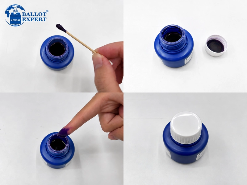 Purple indelible voting ink showing bottle details and finger marking application