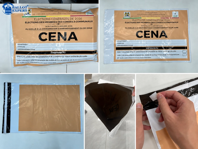 Benin Election Security Envelopes with CENA printing and adhesive seals Benin Election Security Envelopes with CENA printing and adhesive seals