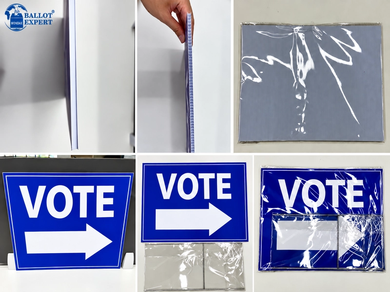Blue VOTE directional sign with white arrow and corrugated plastic structure. Blue VOTE directional sign with white arrow and corrugated plastic structure.