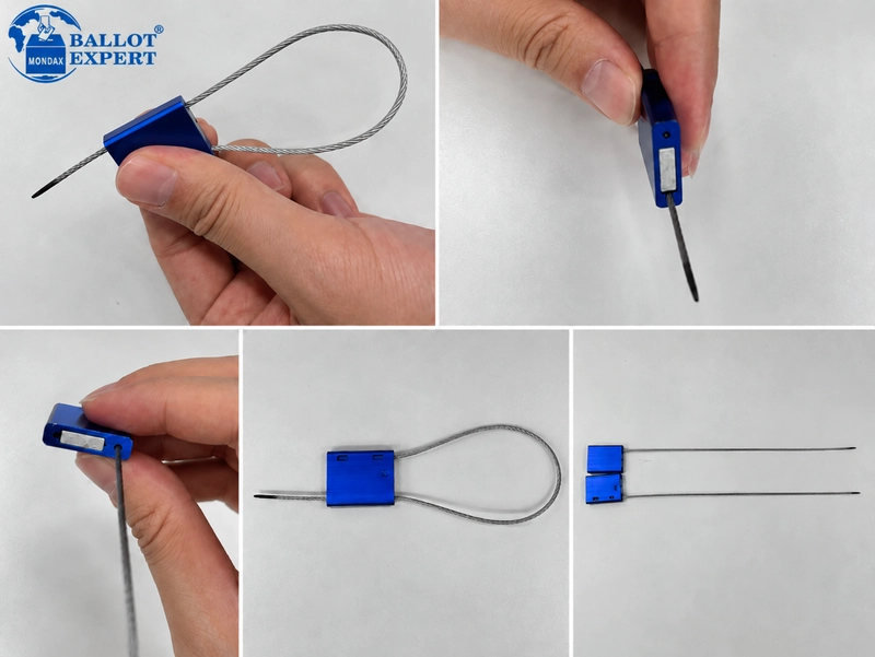 Blue metal ballot box cable seal with braided steel wire shown from multiple angles